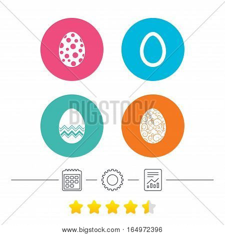 Easter eggs icons. Circles and floral patterns symbols. Tradition Pasch signs. Calendar, cogwheel and report linear icons. Star vote ranking. Vector