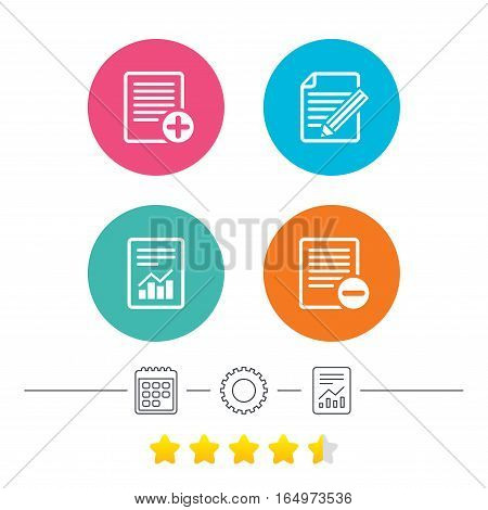 File document icons. Document with chart or graph symbol. Edit content with pencil sign. Add file. Calendar, cogwheel and report linear icons. Star vote ranking. Vector
