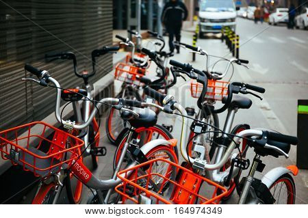 Beijing,china 6 January 2017: Mobike Bicycles In Beijing, China. Mobike Is A Popular Bike Sharing Pl