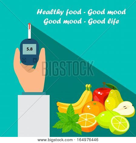 Very high quality original trendy vector flat illustration Blood test or glaucometer, glucose meter with healty food