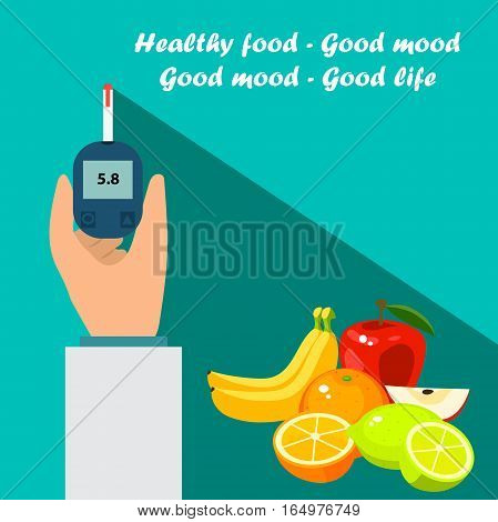 Very high quality original trendy vector flat illustration Blood test or glaucometer, glucose meter with healty food