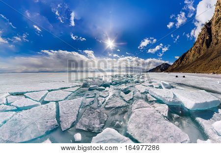 Wide Panorama Of Lake Baikal Ice Hummocks In Olkhon Island