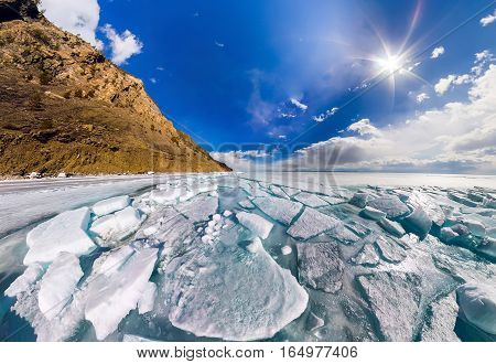 Wide Panorama Of Lake Baikal Ice Hummocks In Olkhon Island