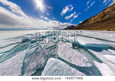 Wide Panorama Of Lake Baikal Ice Hummocks In Olkhon Island