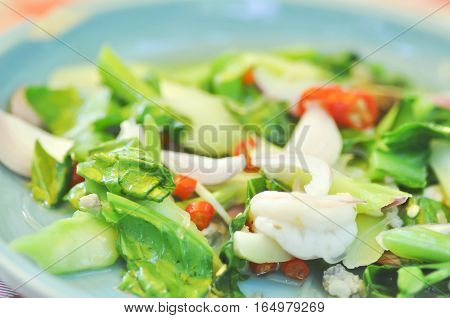 spicy salad or spicy kale with shrimp salad (Thai food)