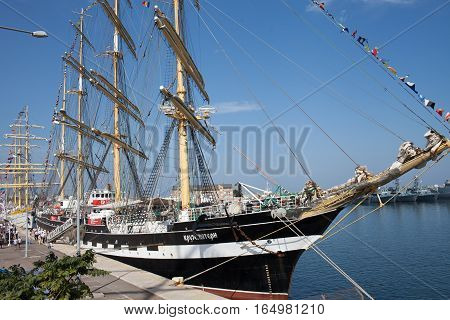 CONSTANTA ROMANIA - SEPTEMBER 8 2016: Kruzenshtern sailing vessel from Russian Federation at Black Sea Tall Ships Regatta 2016 in Constanta harbor.