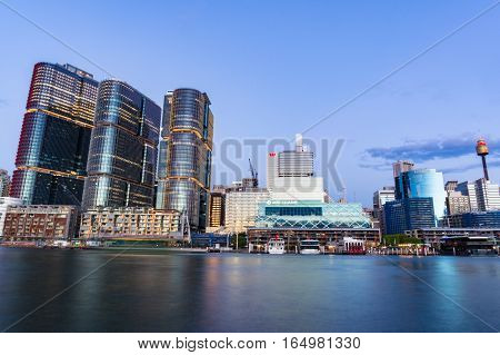 Barangaroo Point And Darling Harbour At Dusk