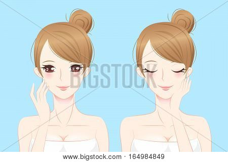 cartoon beauty woman touch her face with makeup