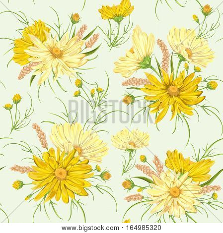 Seamless pattern with yellow chamomile flowers and millet. Rustic floral design for wedding invitations and birthday cards. Vintage vector botanical illustration in watercolor style.