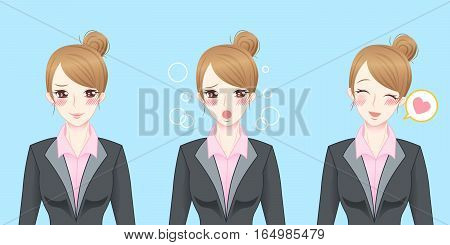cartoon business woman feel shy and happy