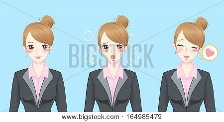 cartoon business woman feel shy and happy