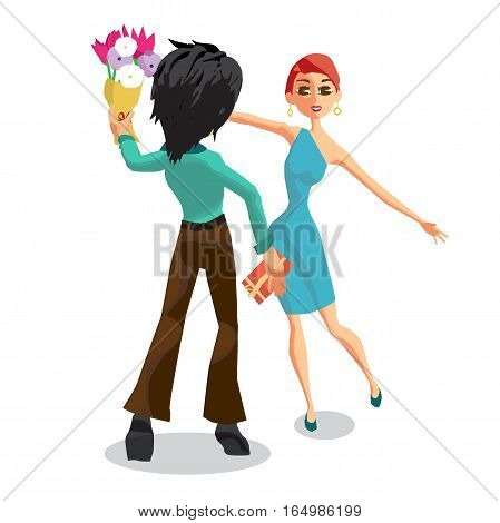 The young man gives a woman a bouquet of flowers. Back view. Happy birthday Valentine's Day. Flat isolated vector illustration