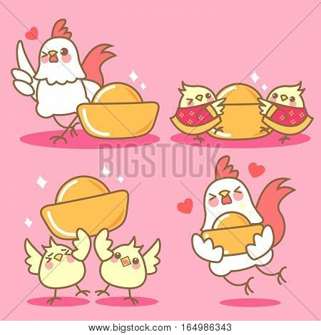 cartoon chicken with gold ingot for chinese new year