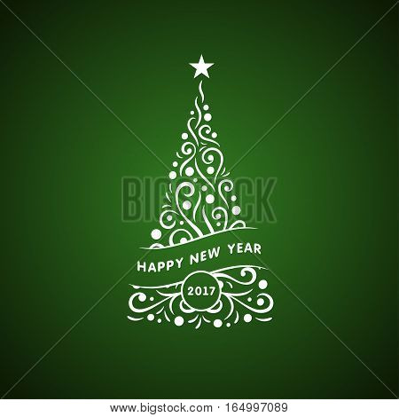 decorative christmas tree card with abstract ornamen, vector illustration logo, isolated on green color background.