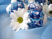 beautiful blue easter eggs with white flower