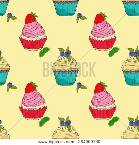 Cake. Bilberry, Strawberry. Background, Wallpaper, Unhurried. On A Beige Background. Sketch, Doodle.