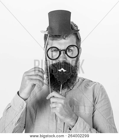 Dressing Well Makes You Seem More Intelligent. Man Bearded Hipster Cardboard Top Hat And Eyeglasses 