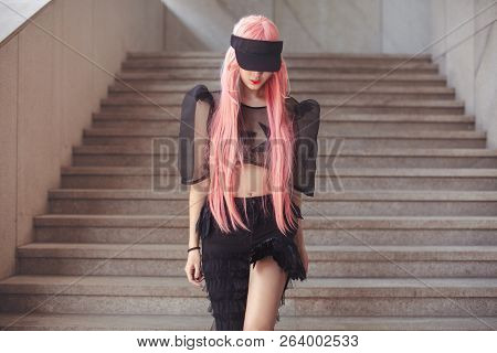 Japan Anime Cosplay. Colorful Portrait Of Young Attractive Asian Woman In Sexy Dress With Creative M