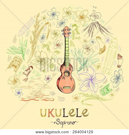 Hawaiian Guitar - Ukulele Soprano In Round Shape Pattern In Engraved Style. Pale Orange Ukulele Is I