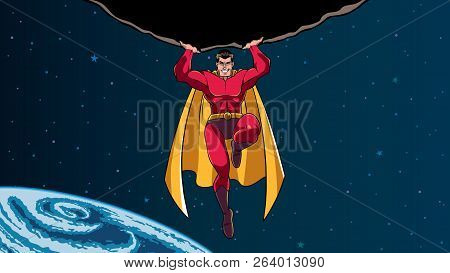 Comic Style Illustration Of Powerful And Brave Superhero Holding Huge Asteroid Above His Head During