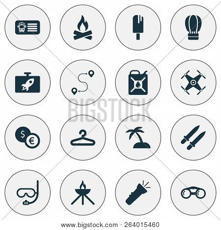 Tourism Icons Set With Hanger, Quadrupter, Route And Other Wardrobe Elements. Isolated  Illustration