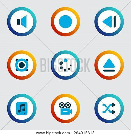 Multimedia Icons Colored Set With Eject, Shuffle, Slow Backward And Other Amplifier Elements. Isolat
