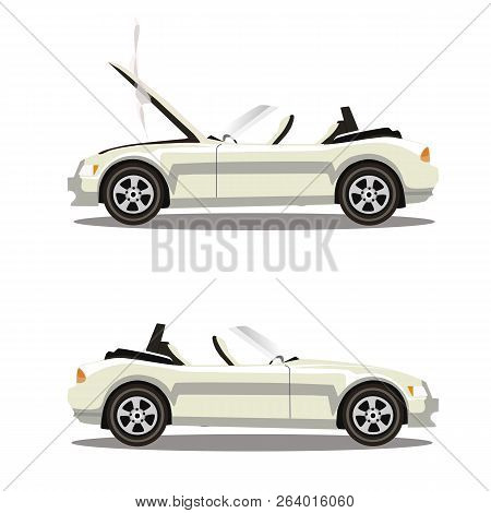 Vector Set Of Broken White Luxury Cabriolet Sport Cartoon Car With Opened Hood Covered With Smoke. C