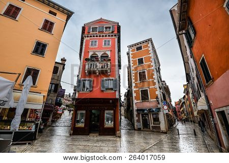 Rovinj, Croatia - May 22, 2018: Coastal Town Of Rovinj After Rain, Istria, Croatia. Rovinj - Beautif