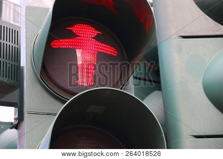 German Traffic Light - Pedestrian Red Light. Typical Pedestrian Symbol In Germany.