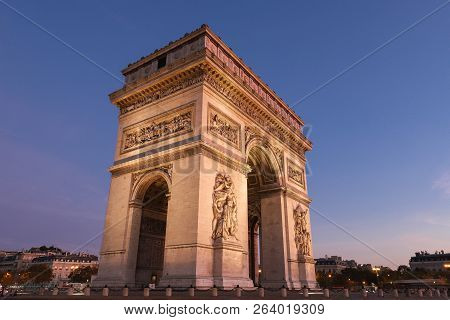 The Triumphal Arch In Evening, Paris, France.