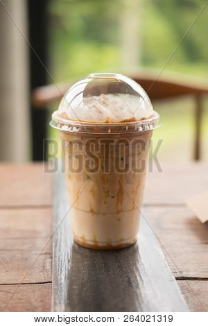 Iced Caramel Macciato Coffee With Milk (selective Focus)
