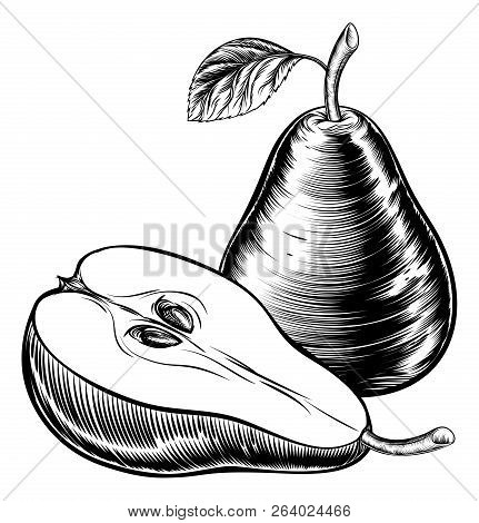 An Original Illustration Of A Whole Pear And Sliced Pear Fruit In A Vintage Woodcut Or Woodblock Sty