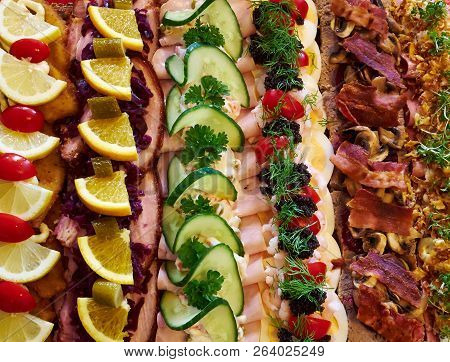 Selection Of Smoerrebroed Danish Open Faced Sandwiches On A Serving Plate