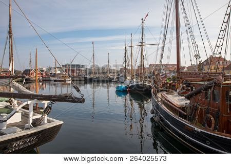 Holbaek, Denmark - October 2018: Beautiful Old Sail Boats Lying At The Bay In Holbaek, A Small Town 