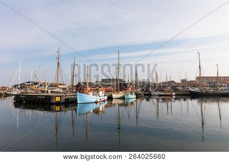 Holbaek, Denmark - October 2018: Beautiful Old Sail Boats Lying At The Bay In Holbaek, A Small Town 