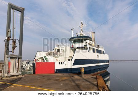 Holbaek, Denmark - October 2018: The Ferry Going From Holbaek To Oroe, Ferry Terminal At The Bay In 
