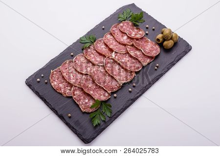 Saucisson Sec Delicious French Salami On A White Background