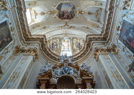 Bergamo, Italy - March 7, 2017: Paintings And Decorations In The Ceiling Of The Transept Of The Cath
