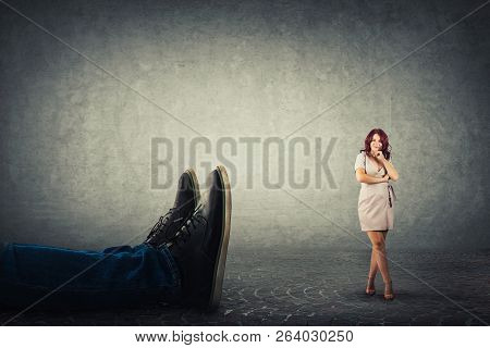 Confident Woman Secretary Celebrate Victory Against Her Giant Boss Fallen Down. Office Confrontation