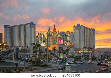 Las Vegas - Dec 27, 2015: Excalibur Hotel And Casino At Sunset On Las Vegas Strip In Las Vegas, Neva