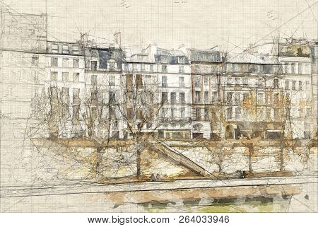 Illustration of  of the Ile de la CitÃ© in Paris and the river Seine