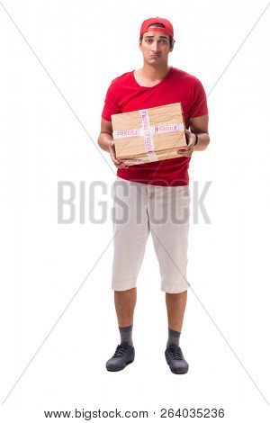 Handsome contractor holding fragile box isolated on white 