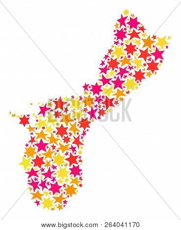 Map Of Guam Island Created With Colored Flat Stars. Vector Colored Geographic Abstraction Of Map Of 