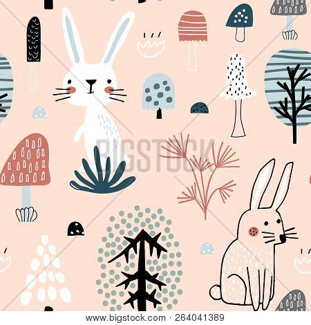 Semless Woodland Pattern With Cute Rabbits. Scandinaviann Style Childish Texture For Fabric, Textile