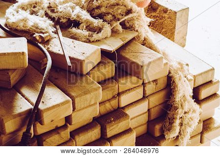 Edged Boards Stacked In Stacks, Photo Taken In A Carpentry Workshop