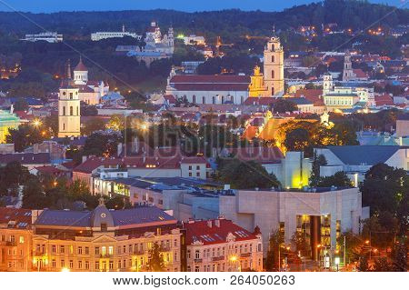 Scenic Aerial View Of The Historic Center At Sunset. Vilnius. Lithuania.