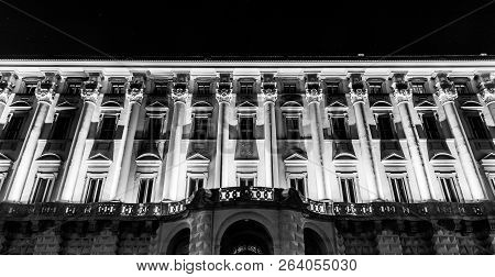 Front View Of Illuminated Cernin Palace By Night, Ministry Of Foreign Affairs Seat, Prague, Czech Re