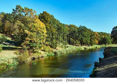 Trees On The Banks Of The Nysa Łużycka During Autumn On The Border Between Poland And Germany