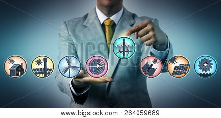 Businessman Selecting Tidal Power In Lineup Of Renewable Energy Resources. Industry And Tech Concept