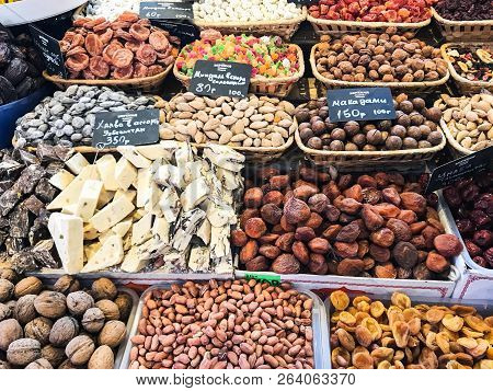 Pyatigorsk, Russia - September 20, 2018: Various Nuts, Dried Fruits And Local Sweets On Market In Py